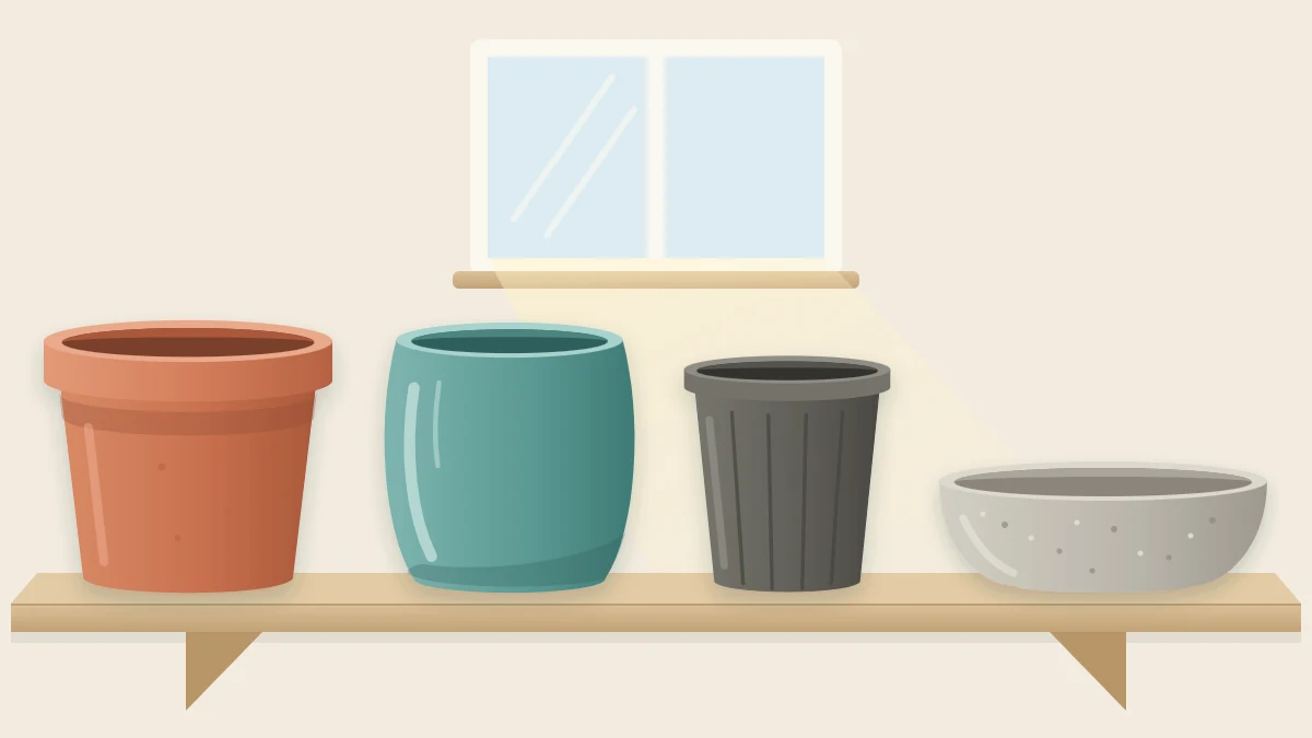 A shelf with four empty pots: unglazed terracotta, glazed blue-green ceramic, a plain plastic nursery pot and a shallow concrete-gray bowl
