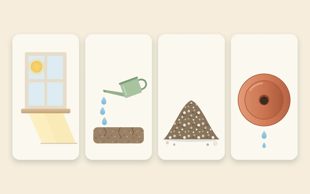 Four tiles in a row: sun through a window, a watering can over dry soil, a heap of gritty mix, and a pot with a drainage hole