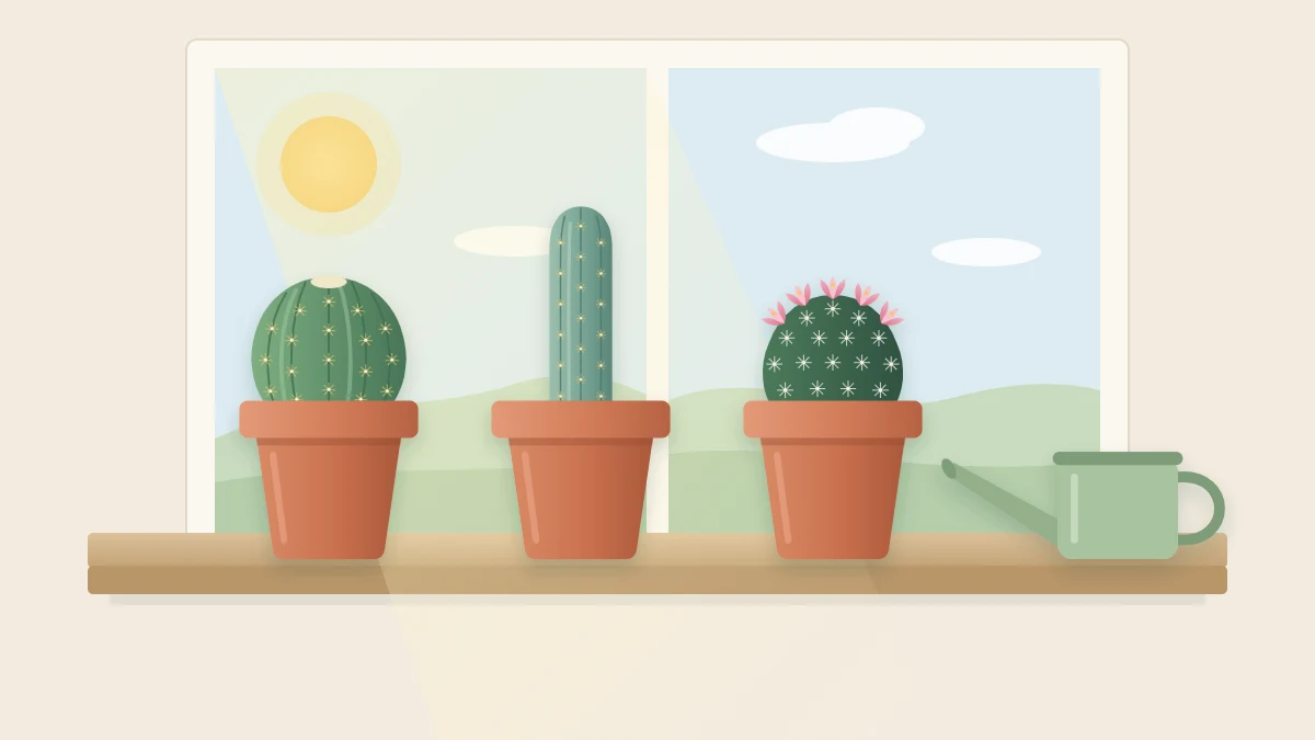 Three small potted cacti in terracotta pots on a bright windowsill: a ribbed barrel, a short column and a flowering pincushion, beside a watering can