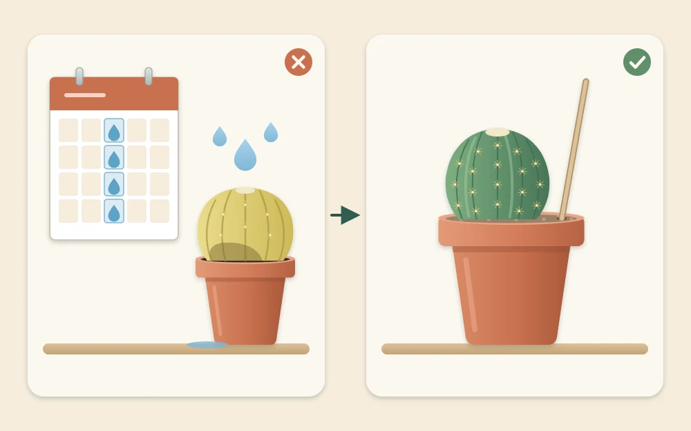 A calendar page marked with a water drop beside a pot, next to a wooden skewer standing in a potted cactus's soil