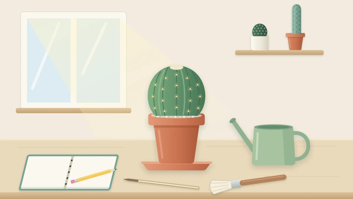A tidy table with a round potted cactus, a soft brush, a wooden skewer, a small watering can and a blank notebook with a pencil