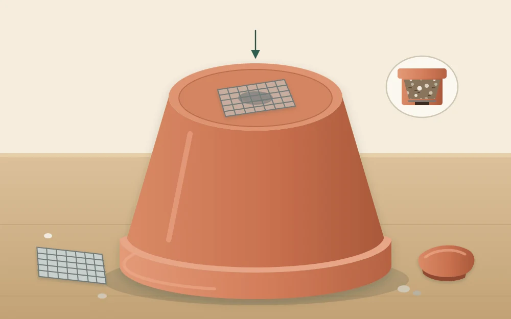 An upturned terracotta pot seen from below with its drainage hole covered by a small square of mesh