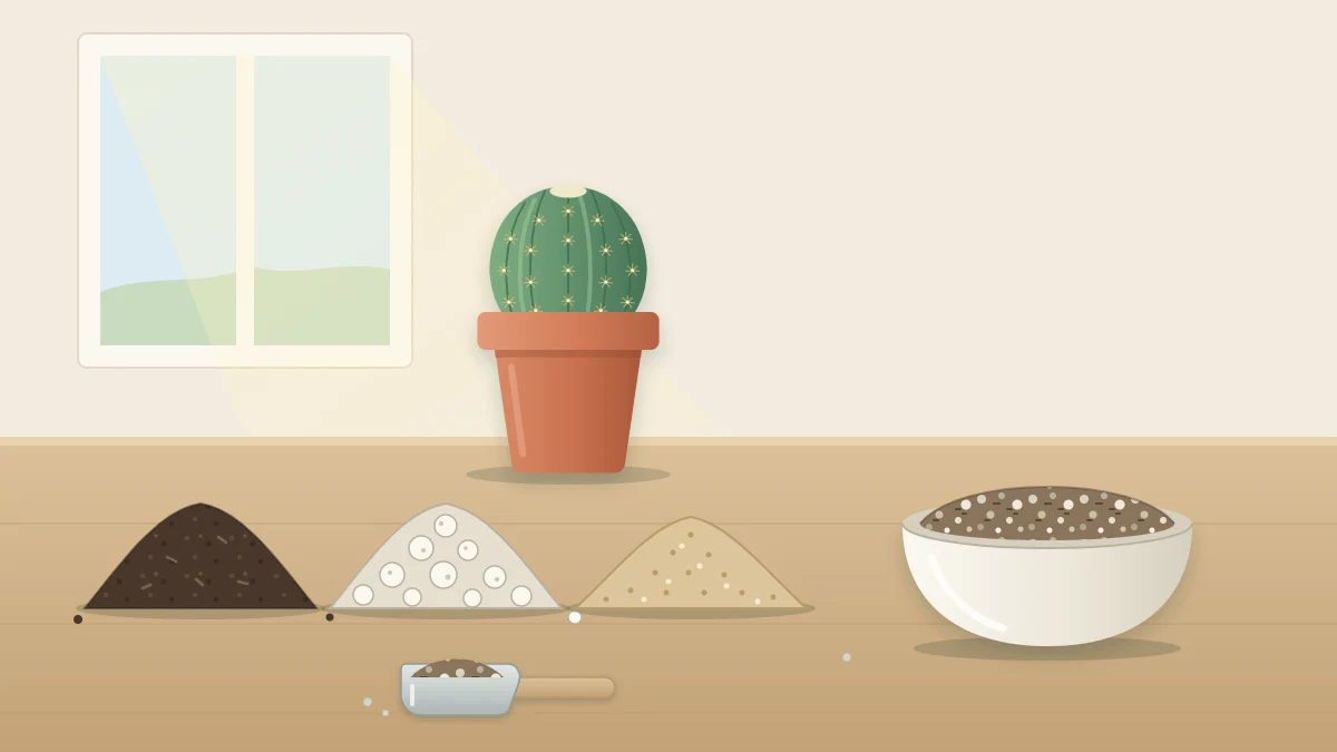 Three heaps of dark potting soil, pale pumice and coarse sand beside a bowl of blended gritty mix and a scoop, with a small potted cactus behind