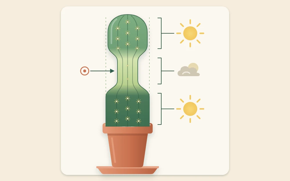 A columnar cactus with a bottleneck: a thick dark green lower section, a narrow pale middle section and a thicker healthy section above