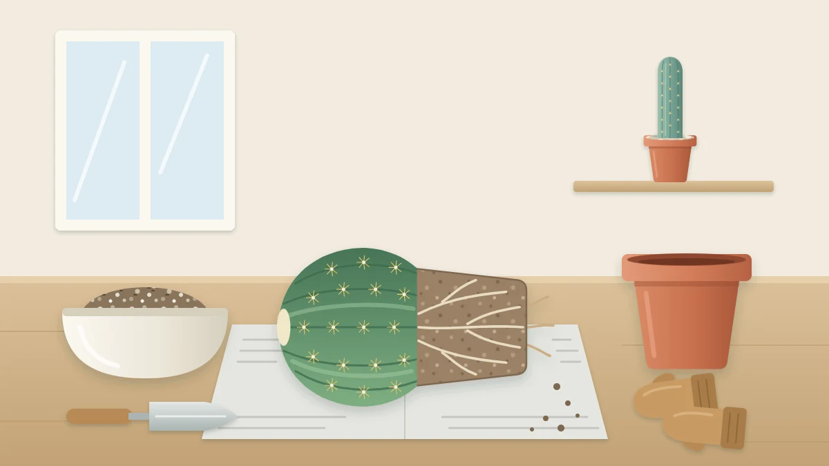 Repotting scene with a round spiny cactus on its side on newspaper, root ball exposed, beside an empty terracotta pot, gritty mix, a trowel and thick gloves