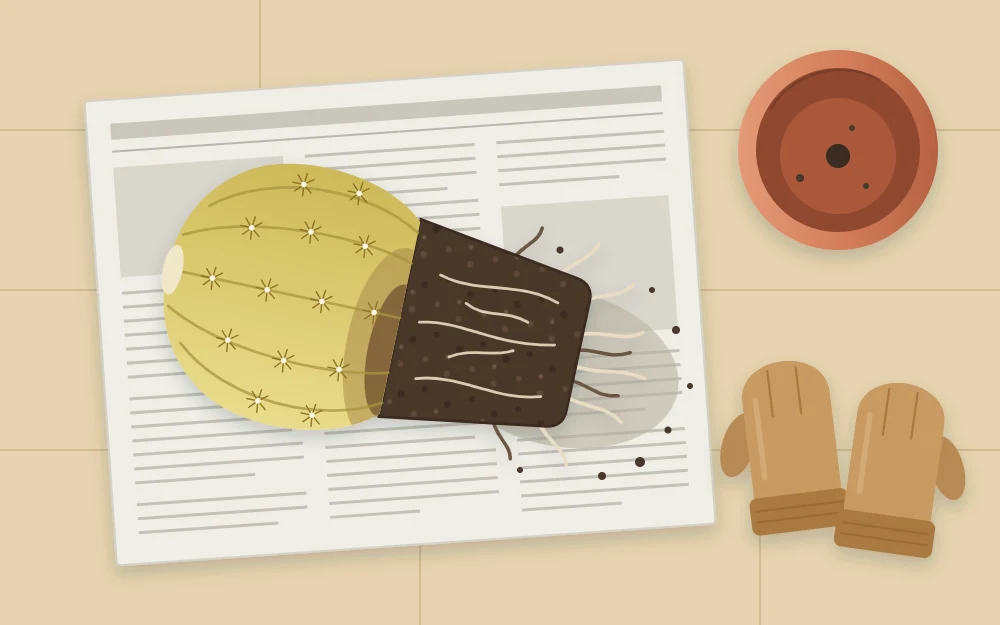 A cactus lifted out of its pot and resting on a sheet of paper with the wet dark root ball exposed, thick gloves beside it