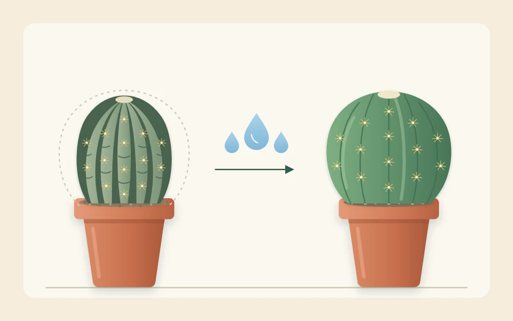 Before and after pair of one ribbed cactus seen from the side, with thin deep-folded ribs on the left and plump rounded ribs on the right